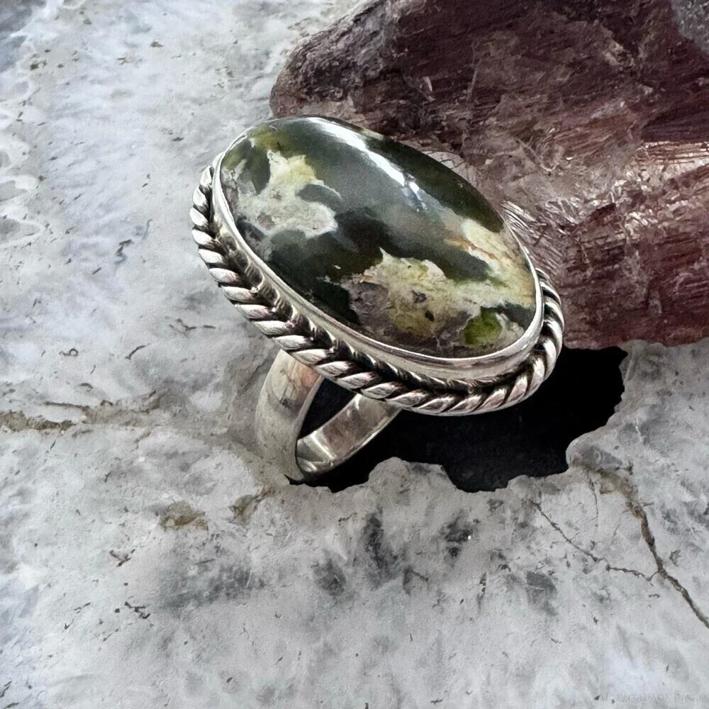 Sterling Southwestern Style Chrome Chalcedony Decorated Ring Size 6.75 For Women
